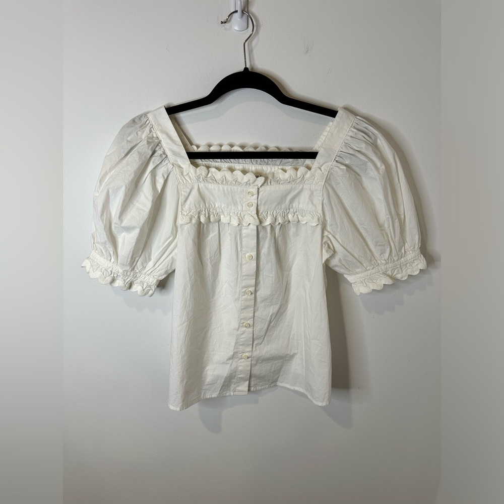 Alex Mill Womens Rick Top Ruffled Square Neck Button Up White Blouse XS